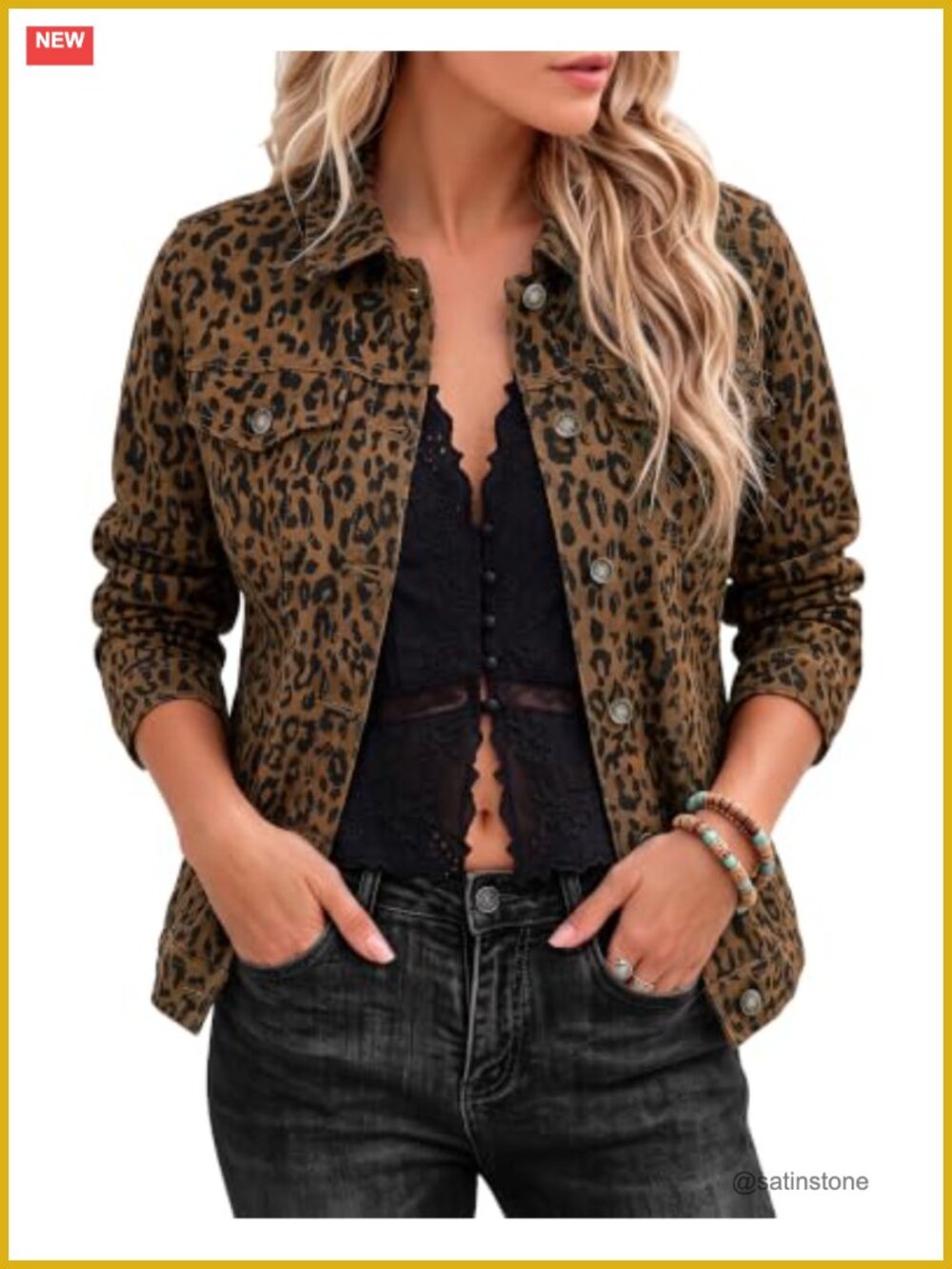 Leopard Cheetah Print Stretch Button Down Jean Jacket